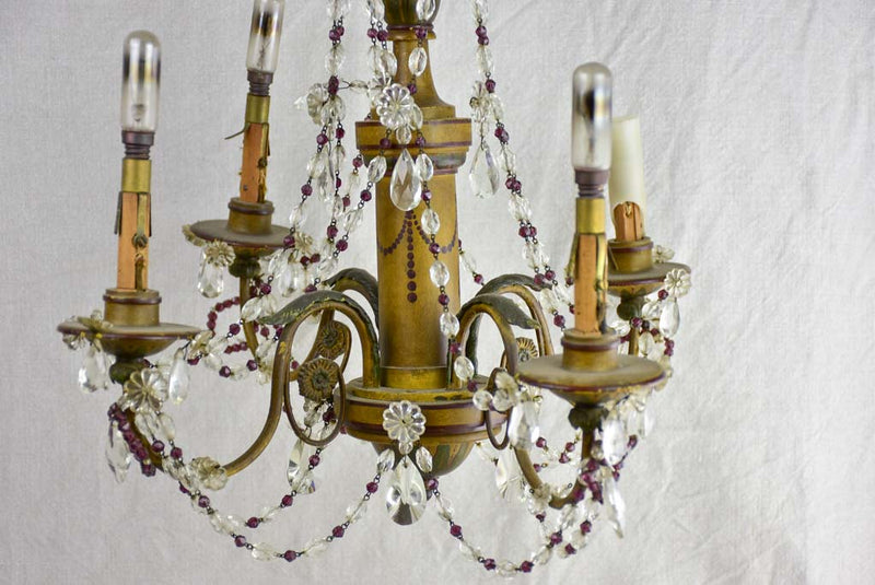 1940's French chandelier with four lights. Clear and violet pendants. 19¼" x 18"