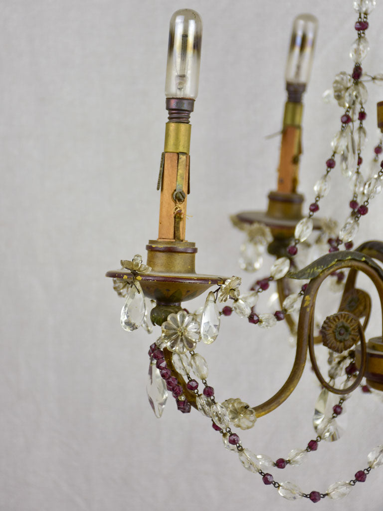 1940's French chandelier with four lights. Clear and violet pendants. 19¼" x 18"
