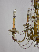 1940's French chandelier with four lights. Clear and violet pendants. 19¼" x 18"