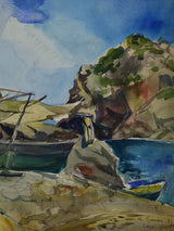 Mid century watercolor coastal scene 30" x 22½"