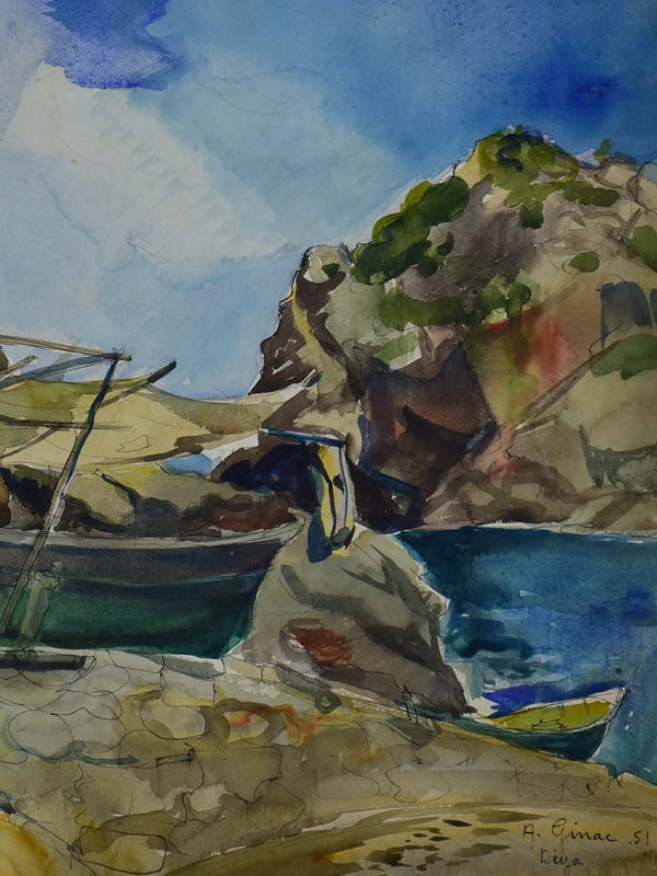 Vintage Mediterranean Watercolor Coastal Scene