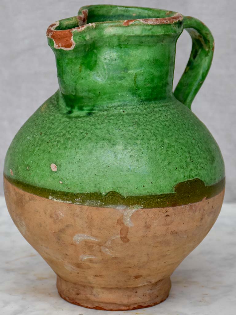 Antique French pitcher with matte green glaze