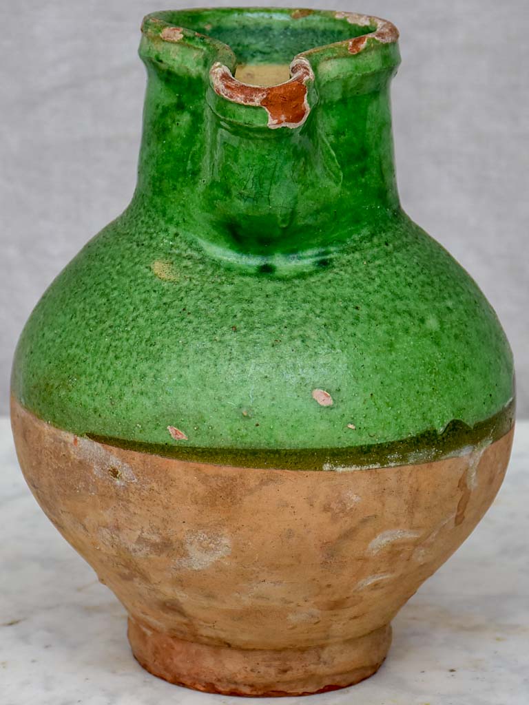 Antique French pitcher with matte green glaze