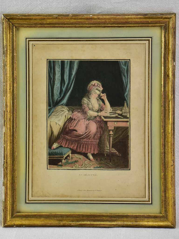 19th century French engraving of a lady having breakfast in bed "La Déjeuné" 13¾" x 17¼"
