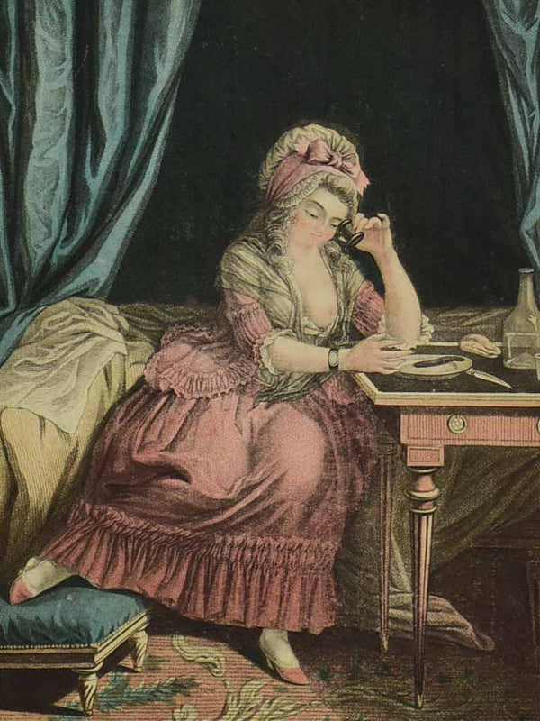 19th century French engraving of a lady having breakfast in bed "La Déjeuné" 13¾" x 17¼"