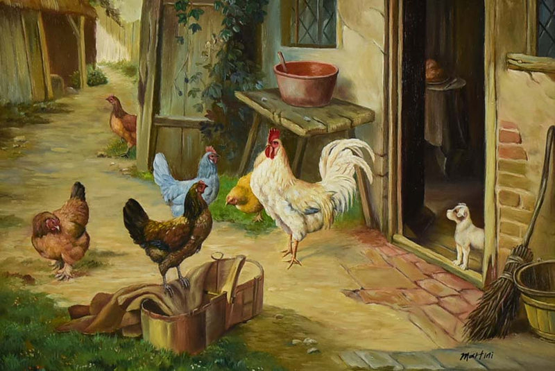 Antique French painting of a farm village with hens, rooster and dog - oil on board. Signed Martini 25½ x 11""
