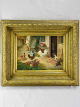 Antique French painting of a farm village with hens, rooster and dog - oil on board. Signed Martini 25½ x 11""