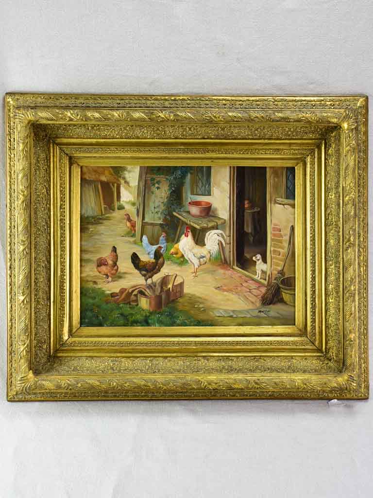 Antique French painting of a farm village with hens, rooster and dog - oil on board. Signed Martini 25½ x 11""