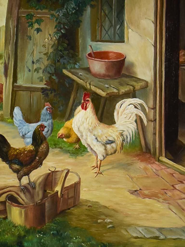 Antique French painting of a farm village with hens, rooster and dog - oil on board. Signed Martini 25½ x 11""