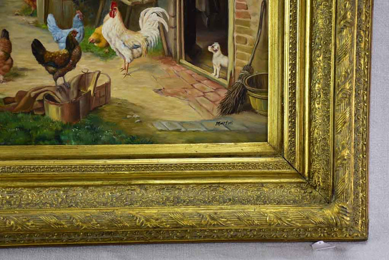Antique French painting of a farm village with hens, rooster and dog - oil on board. Signed Martini 25½ x 11""