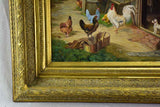Antique French painting of a farm village with hens, rooster and dog - oil on board. Signed Martini 25½ x 11""