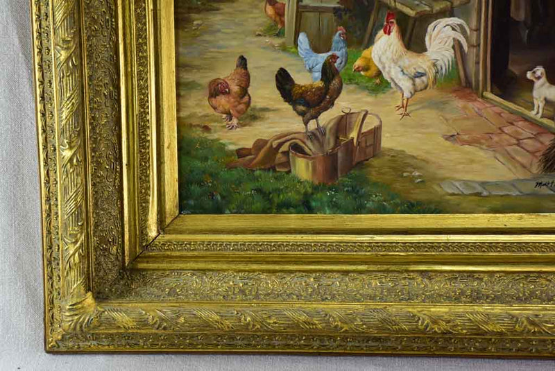 Antique French painting of a farm village with hens, rooster and dog - oil on board. Signed Martini 25½ x 11""