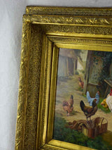 Antique French painting of a farm village with hens, rooster and dog - oil on board. Signed Martini 25½ x 11""