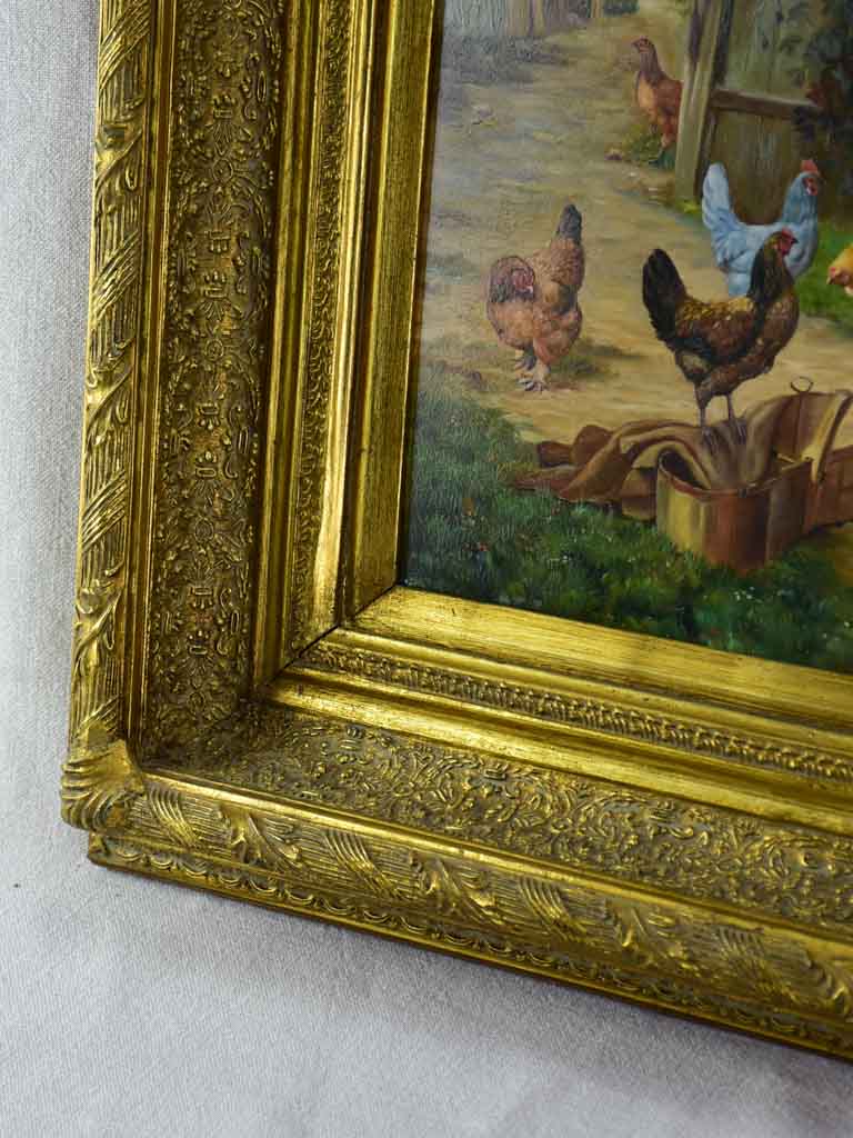 Antique French painting of a farm village with hens, rooster and dog - oil on board. Signed Martini 25½ x 11""