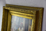 Antique French painting of a farm village with hens, rooster and dog - oil on board. Signed Martini 25½ x 11""