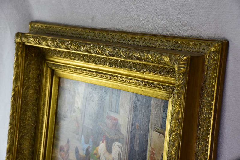 Antique French painting of a farm village with hens, rooster and dog - oil on board. Signed Martini 25½ x 11""