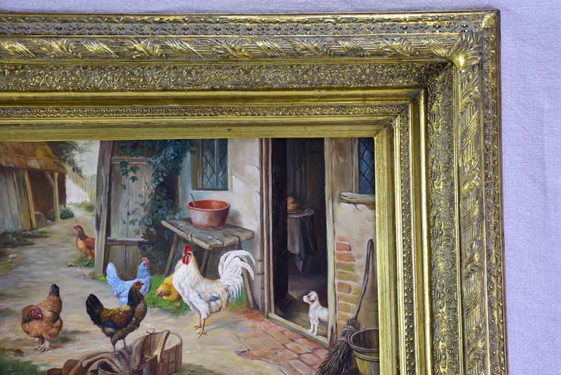 Antique French painting of a farm village with hens, rooster and dog - oil on board. Signed Martini 25½ x 11""