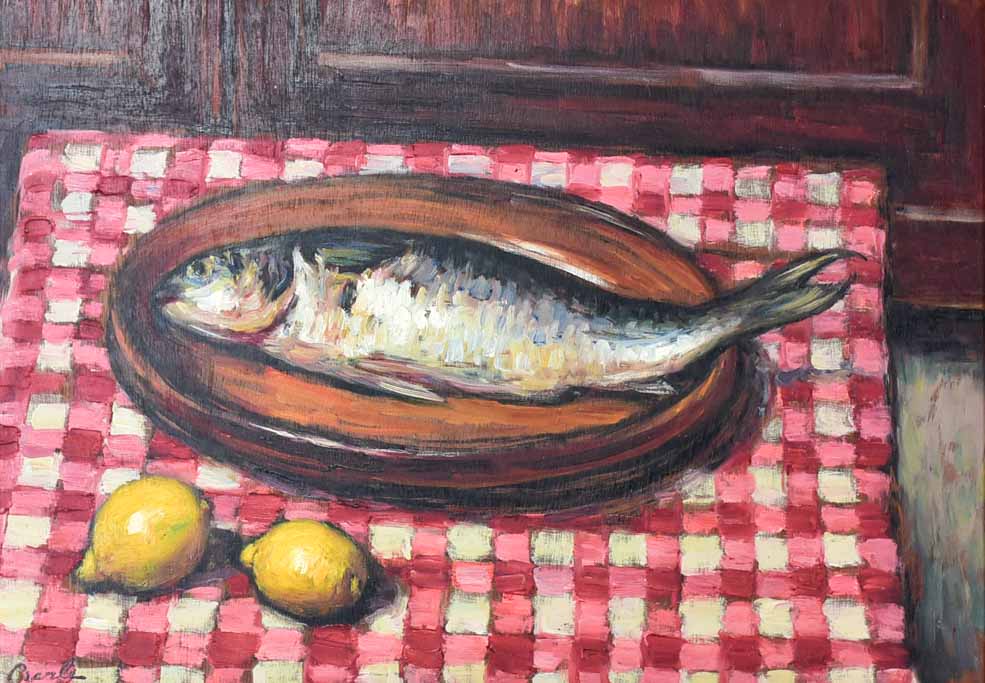 Berle's signed mackerel in terracotta dish