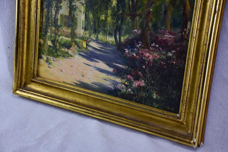 RESERVED JR Antique French painting of a farmhouse in a forest - oil on canvas. Signed A. Bailly 19" x 22"