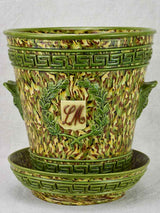 Rare cachepot from Uzes with LM monogram - marbleized green faience