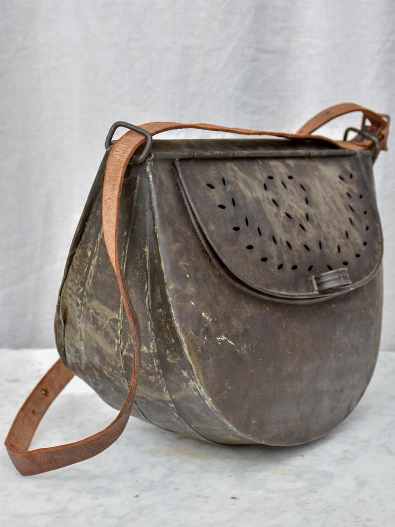 RESERVED MA Antique French metal fishing bag with leather strap