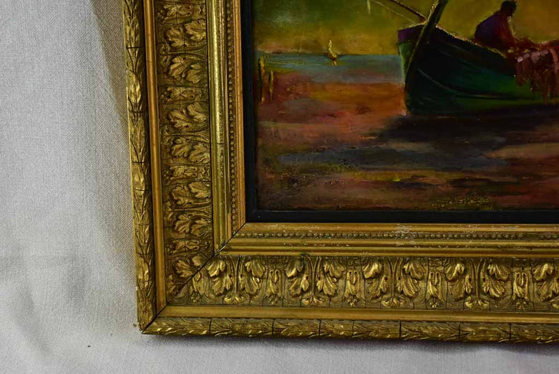 Antique French coastal painting of a fishing boat signed. M. Barret (1865-1929) 19¾" x 23¾"