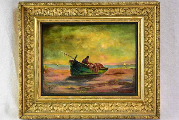 Antique French coastal painting of a fishing boat signed. M. Barret (1865-1929) 19¾" x 23¾"
