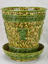 Rare cachepot from Uzes with LM monogram - marbleized green faience