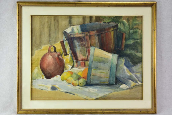 Vintage French watercolor still life - fruit and baskets 28¾" x 23¼"