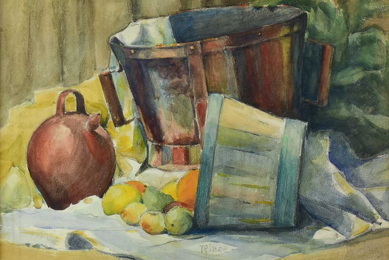 Vintage French watercolor still life - fruit and baskets 28¾" x 23¼"