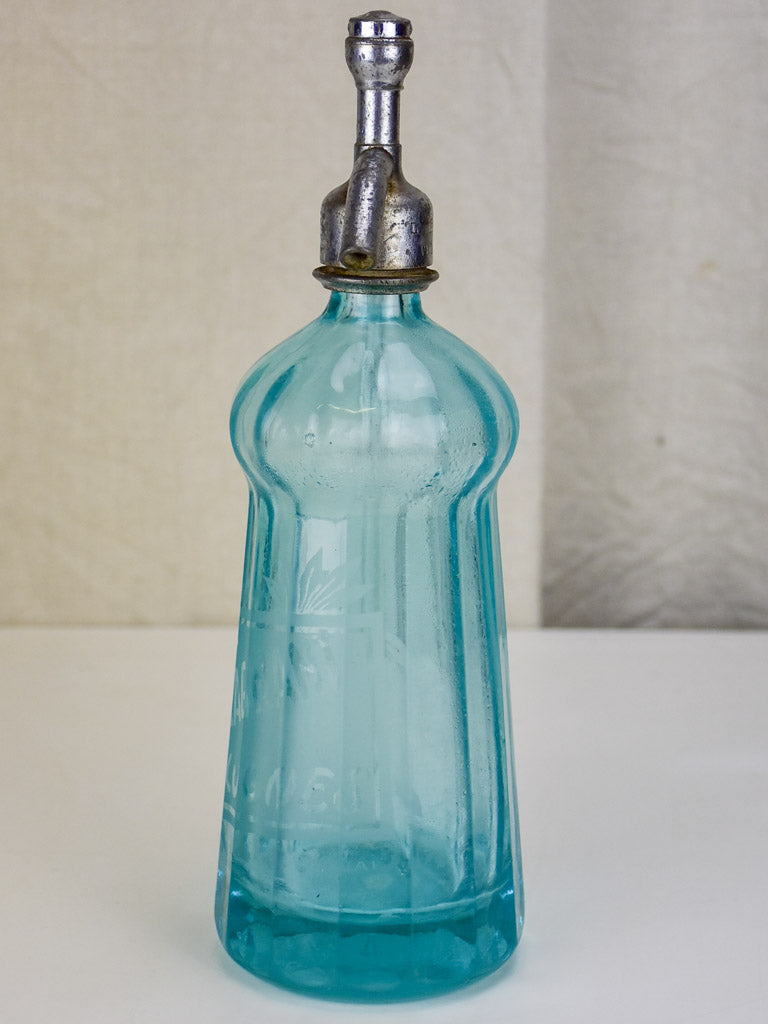 Antique French seltzer bottle - aqua blue, ribbed glass