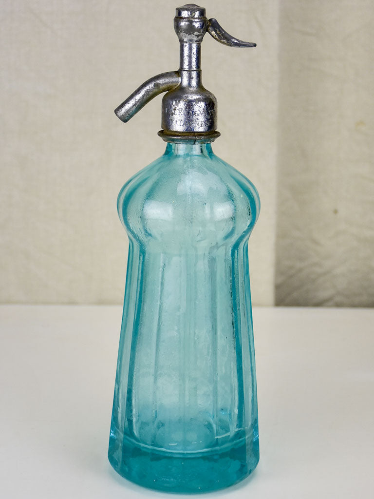 Antique French seltzer bottle - aqua blue, ribbed glass