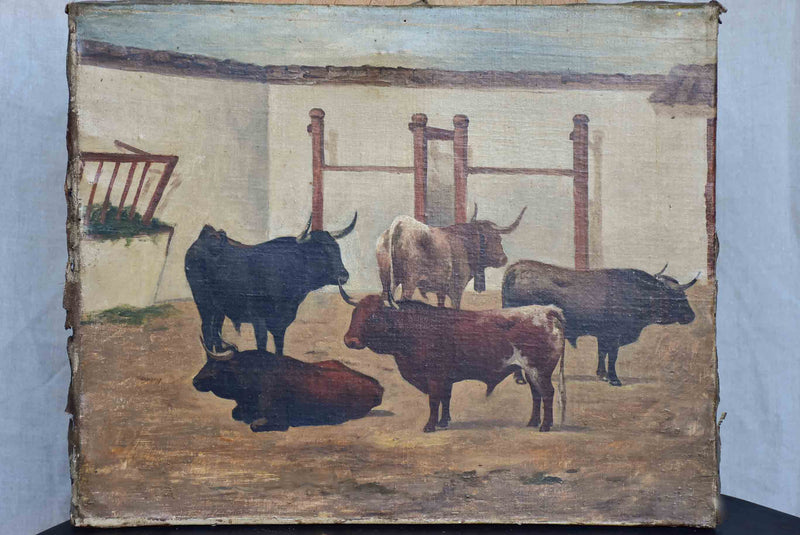 Antique painting of bulls in farm stables 13 ¼'' x 16 ¼''