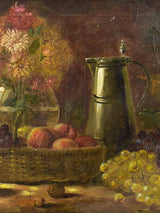 Antique French still life with Dahlias and autumn fruit. Oil on canvas. Signed 23¼" x 19¾"