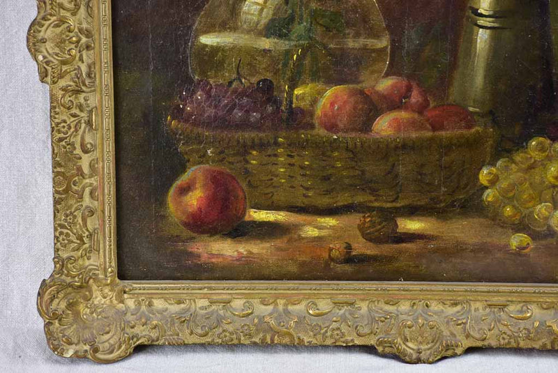 Antique French still life with Dahlias and autumn fruit. Oil on canvas. Signed 23¼" x 19¾"