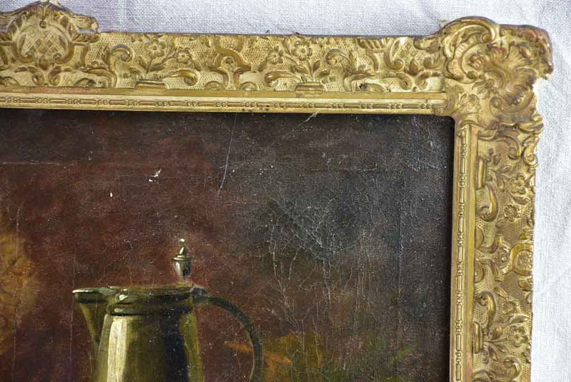 Antique French still life with Dahlias and autumn fruit. Oil on canvas. Signed 23¼" x 19¾"