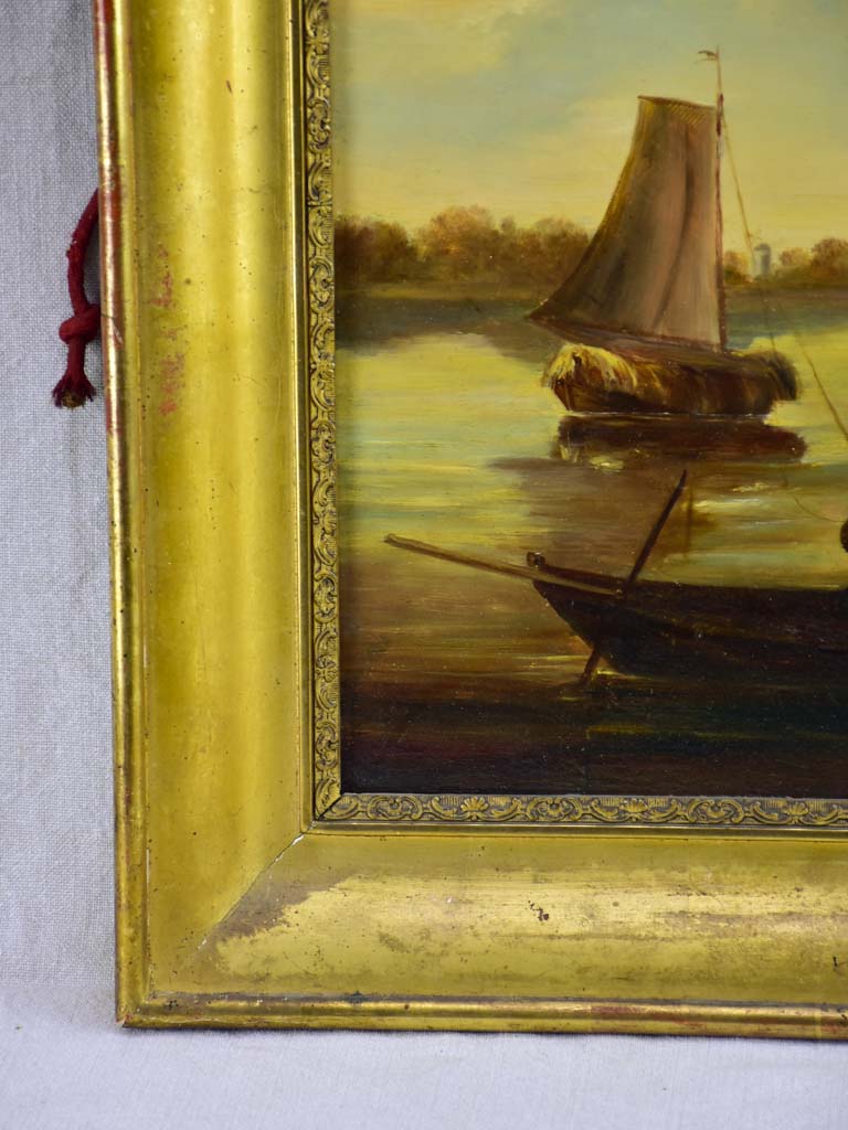 19th Century Dutch painting with sailboats. Oil on wood 23¾" x 20½"