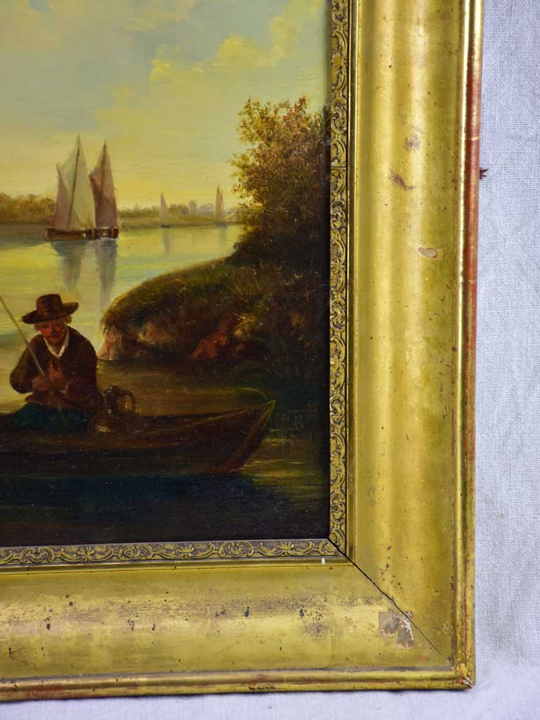 19th Century Dutch painting with sailboats. Oil on wood 23¾" x 20½"