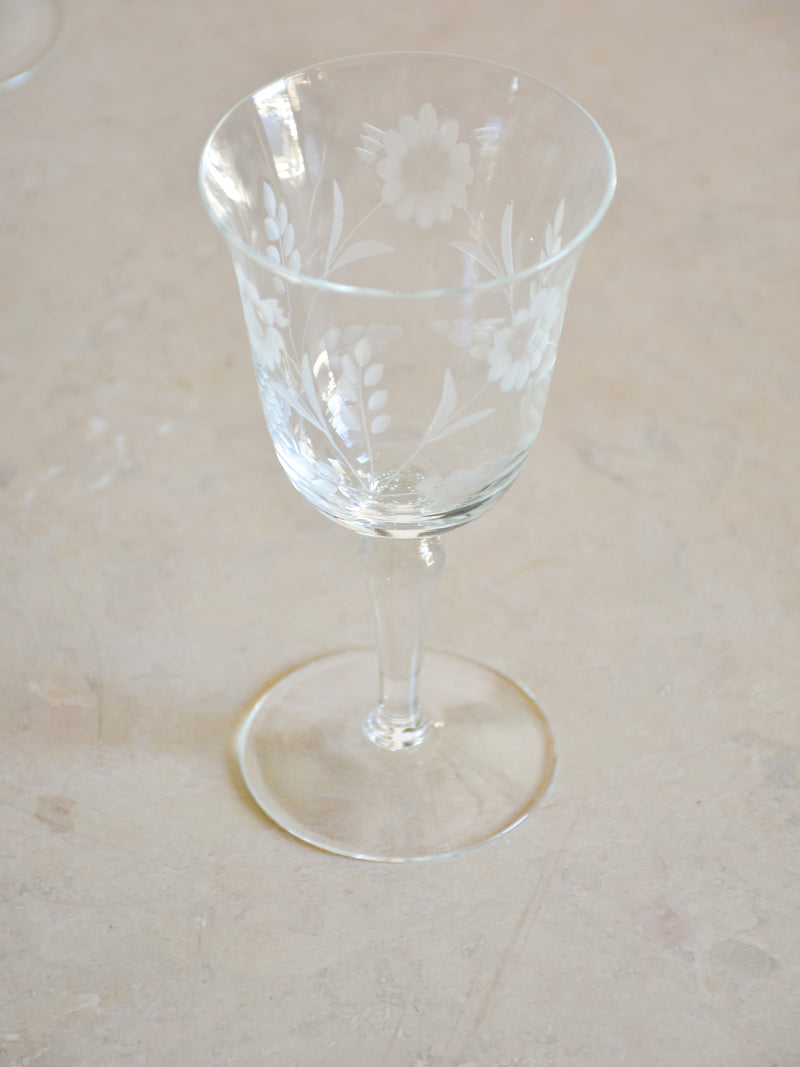 Set of eight vintage red wine glasses with decorative etchings
