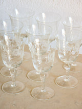 Set of eight vintage red wine glasses with decorative etchings