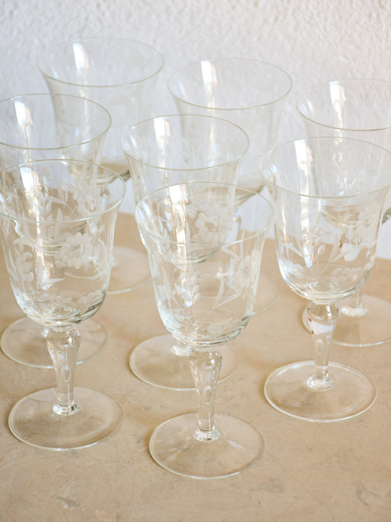Set of eight vintage red wine glasses with decorative etchings
