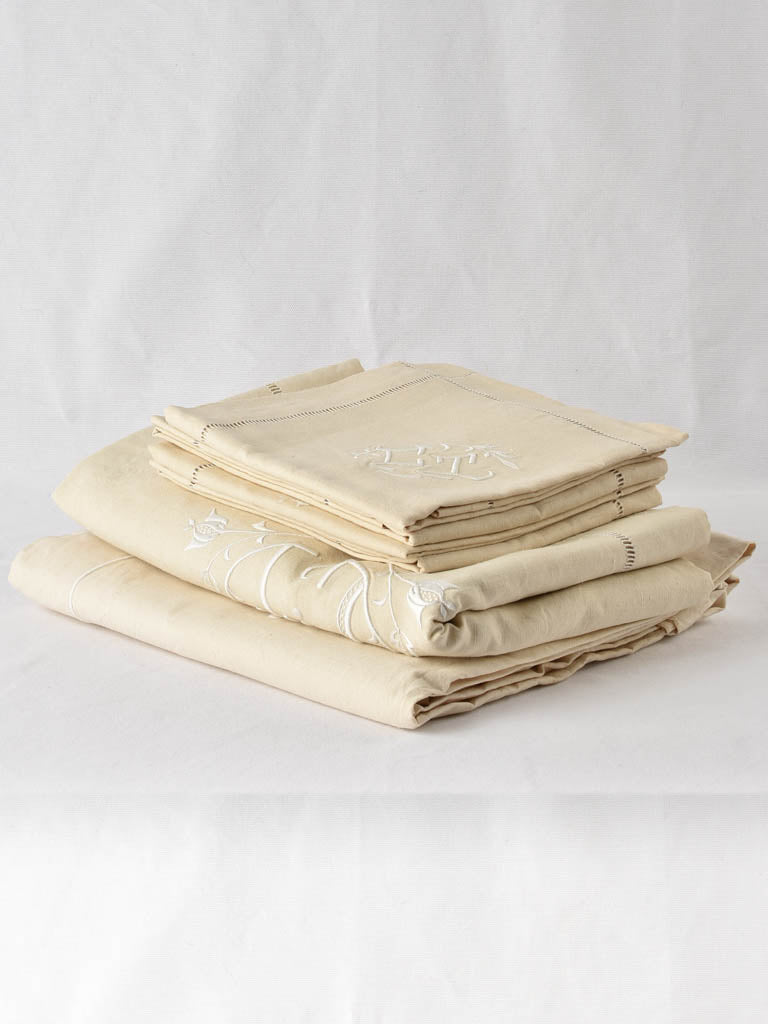 Antique French bed linen w/ CT monogram - double bed - Fleur Bleue 90" x 118"