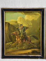 Rare pair of oil on tole paintings of military men on horseback 18" x 15¼"