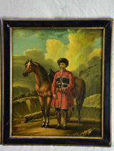 Rare pair of oil on tole paintings of military men on horseback 18" x 15¼"