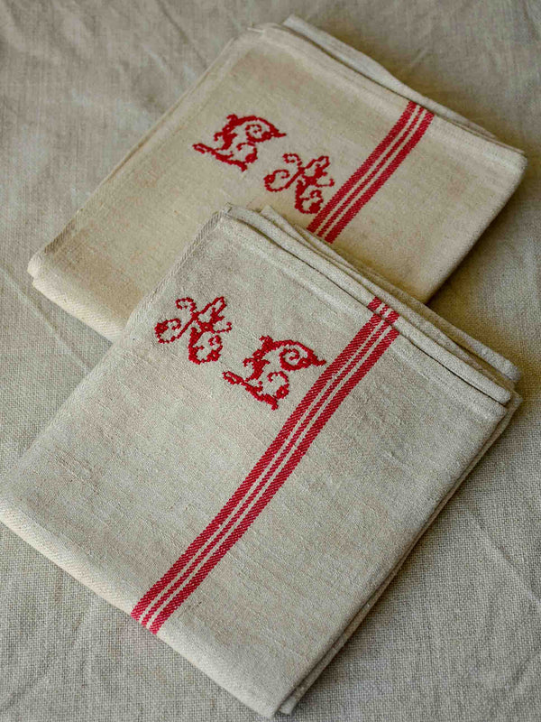 Antique French tea towels with LA and AL monogram
