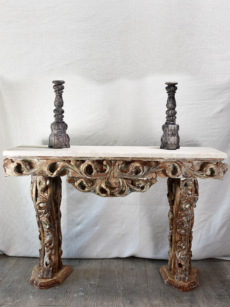 Magnificent carved console with travertine top 52" wide