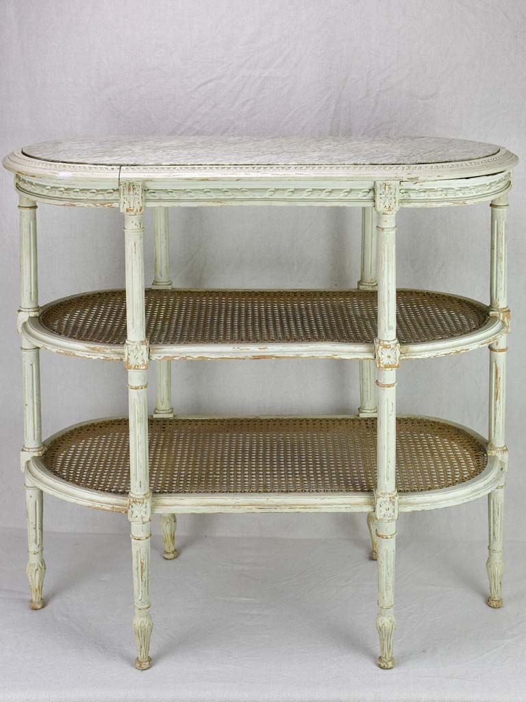 Antique French Louis XVI style oval side table with marble and cane 32¼" x 15¾"