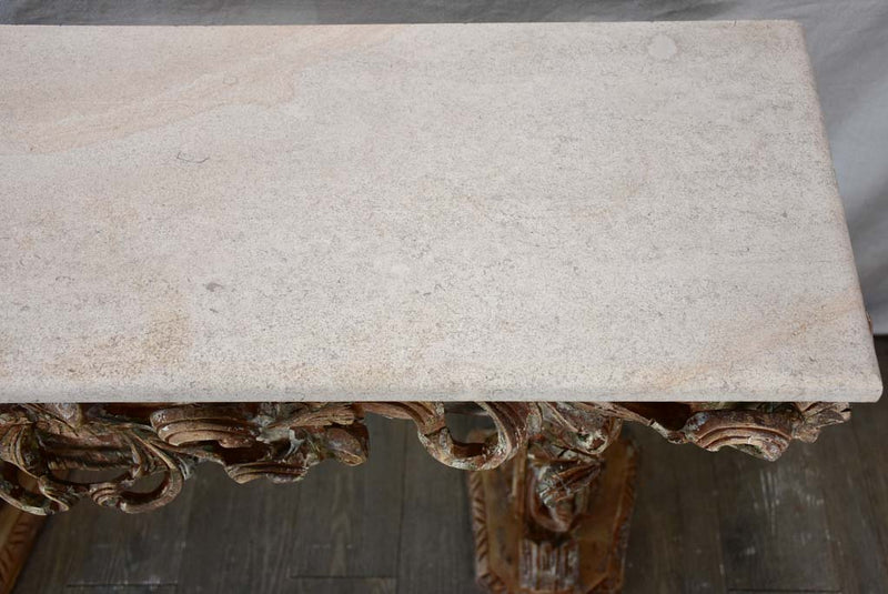 Magnificent carved console with travertine top 52" wide
