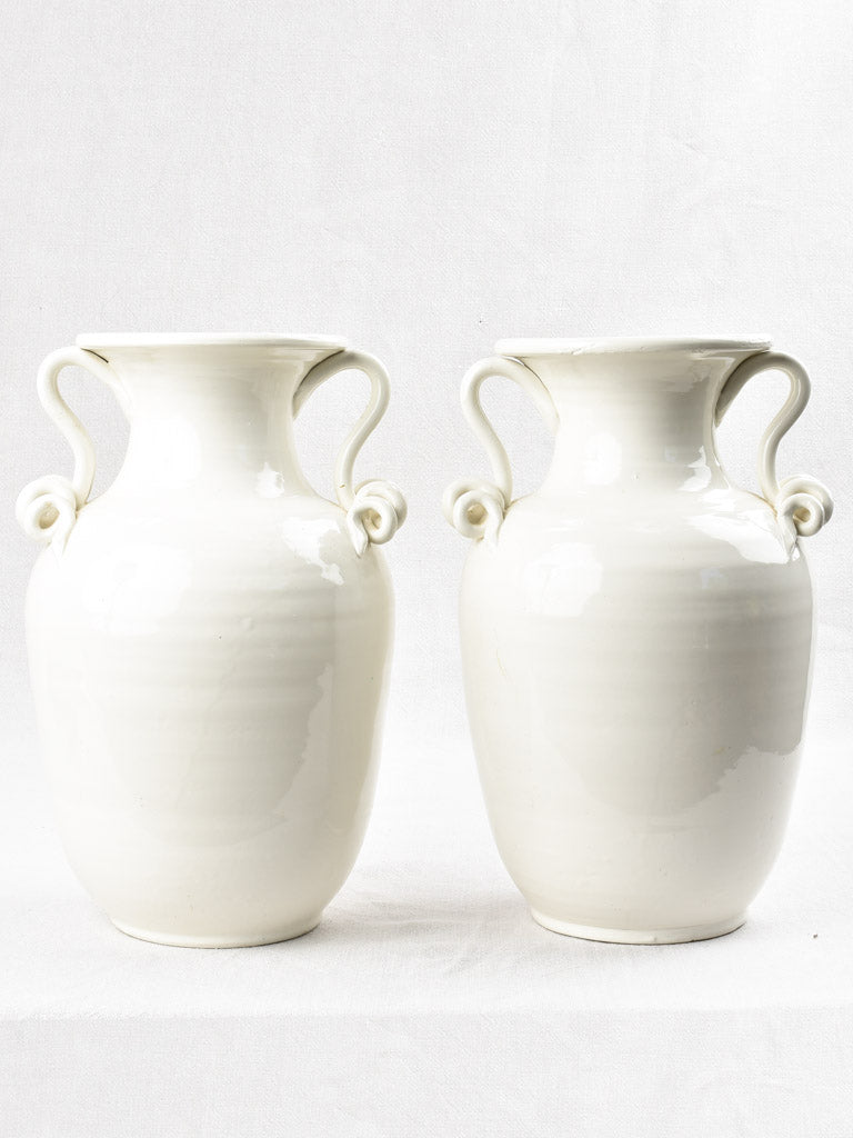 Pair white Emile Tessier vases with coil handles 14¼"
