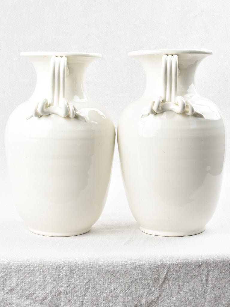 Pair white Emile Tessier vases with coil handles 14¼"
